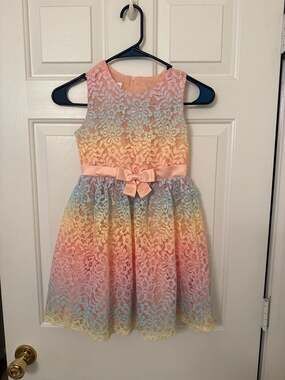 Bonnie Jean Girls Pastel Rainbow Ombre Floral Lace Dress with Bow Size 7